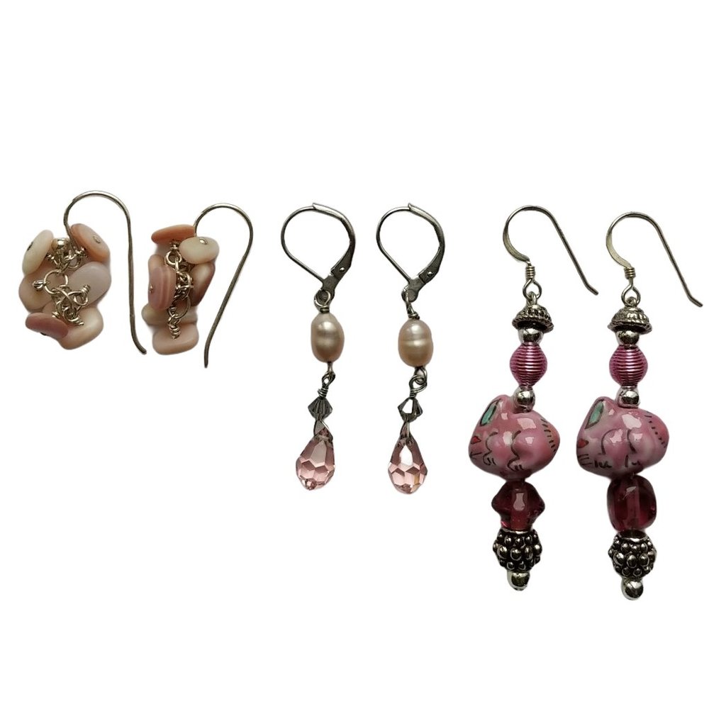 Pink pierced earrings three pairs pearl drop shell cluster ceramic rabbit